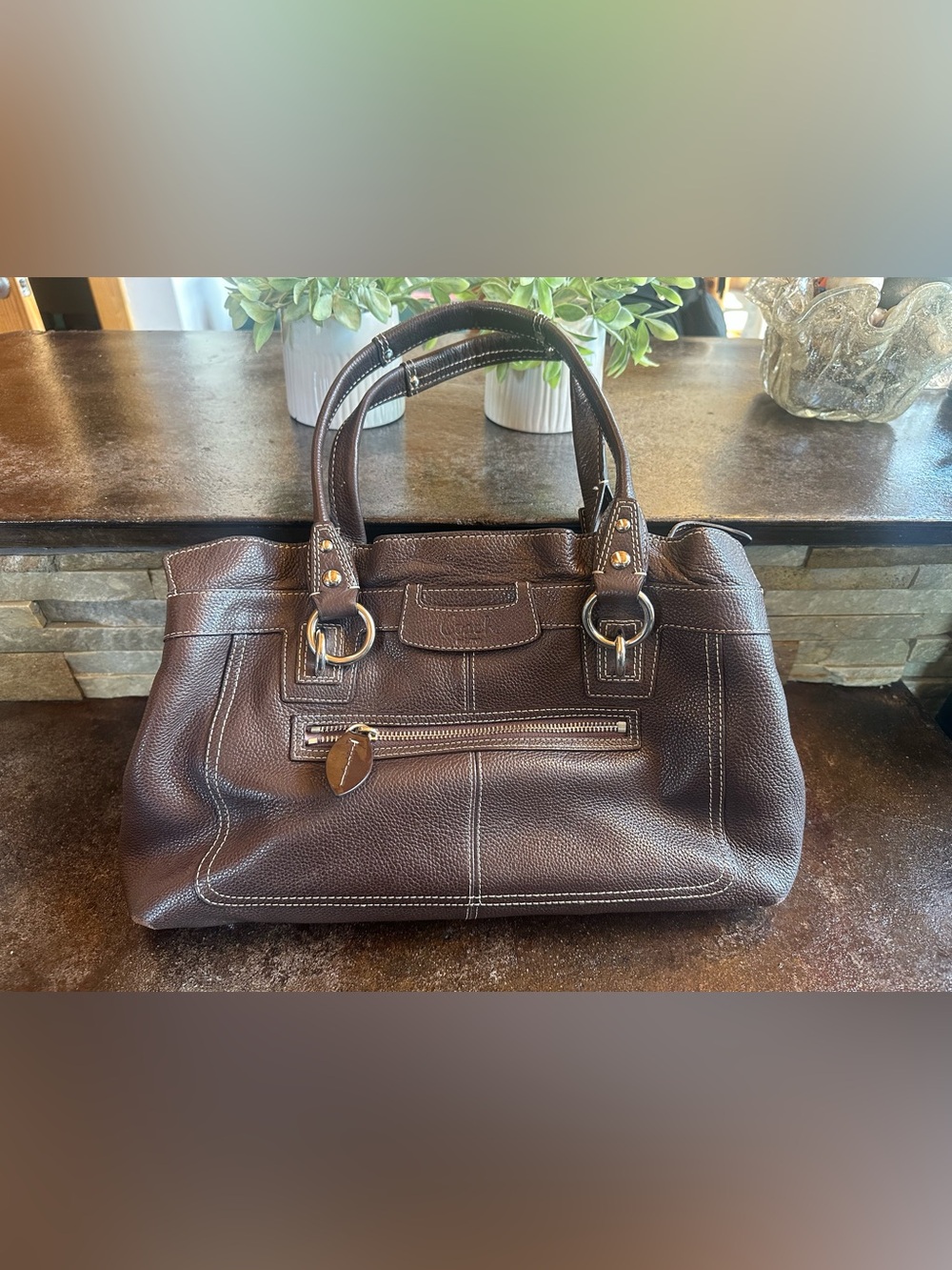 Coach Brown Leather Shoulder Bag with Silver Hardware